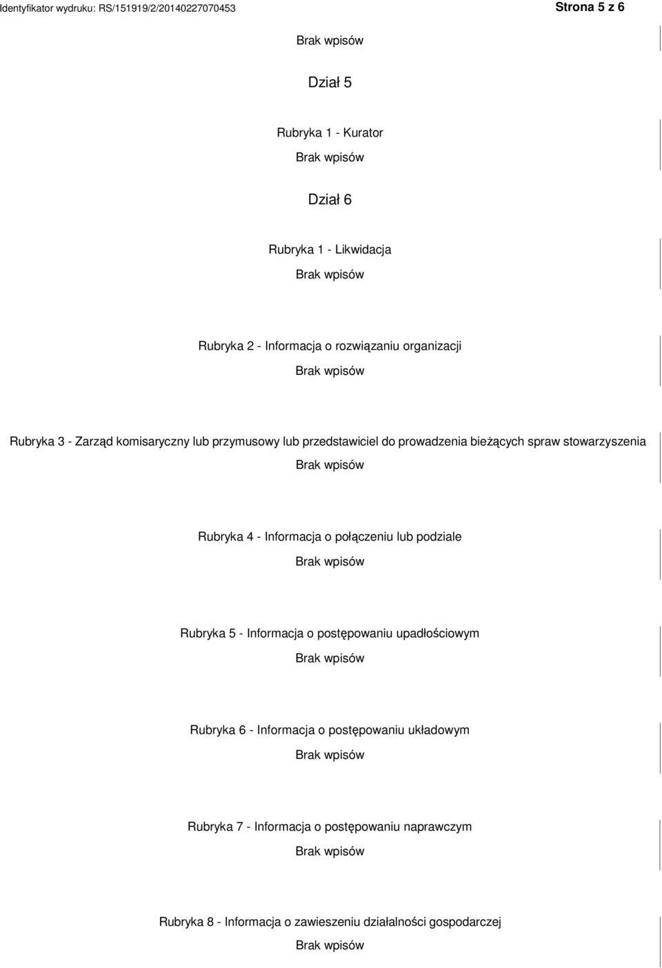 stowarzyszenia Rubryka 4 - Informacja o połączeniu lub podziale Rubryka 5 - Informacja o postępowaniu upadłościowym Rubryka 6 -