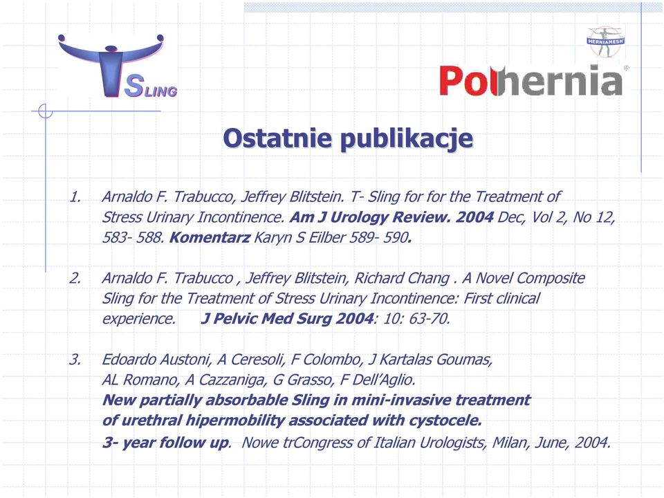 A Novel Composite Sling for the Treatment of Stress Urinary Incontinence: First clinical experience. J Pelvic Med Surg 2004: 10: 63-70. 3.