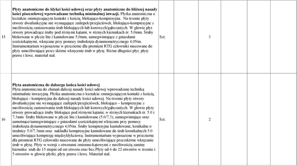 Na trzonie płyty otwory dwufunkcyjne nie wymagające zaślepek/przejściówek, blokująco-kompresyjne z możliwością zastosowania śrub blokujących lub korowych/gąbczastych.