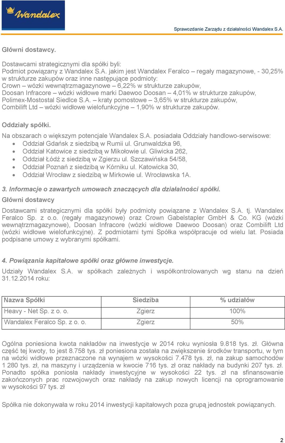 marki Daewoo Doosan 4,01% w strukturze zakupów, Polimex-Mostostal Siedlce S.A. kraty pomostowe 3,65% w strukturze zakupów, Combilift Ltd wózki widłowe wielofunkcyjne 1,90% w strukturze zakupów.