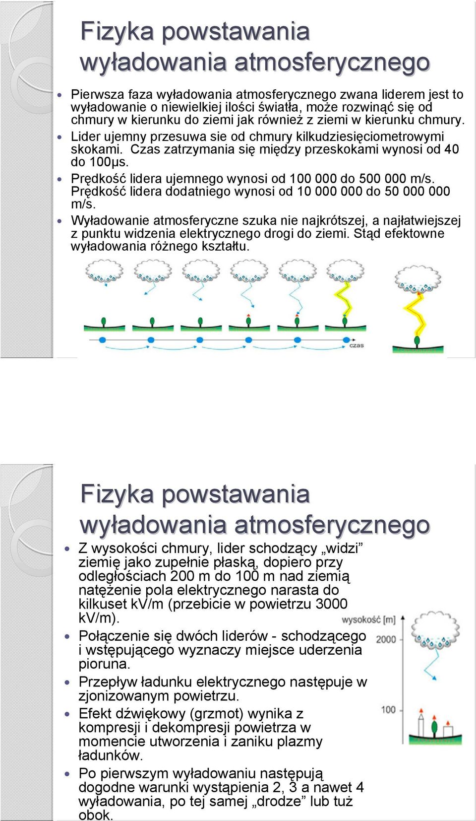 Prędkość lidera ujemnego wynosi od 100 000 do 500 000 m/s. Prędkość lidera dodatniego wynosi od 10 000 000 do 50 000 000 m/s.