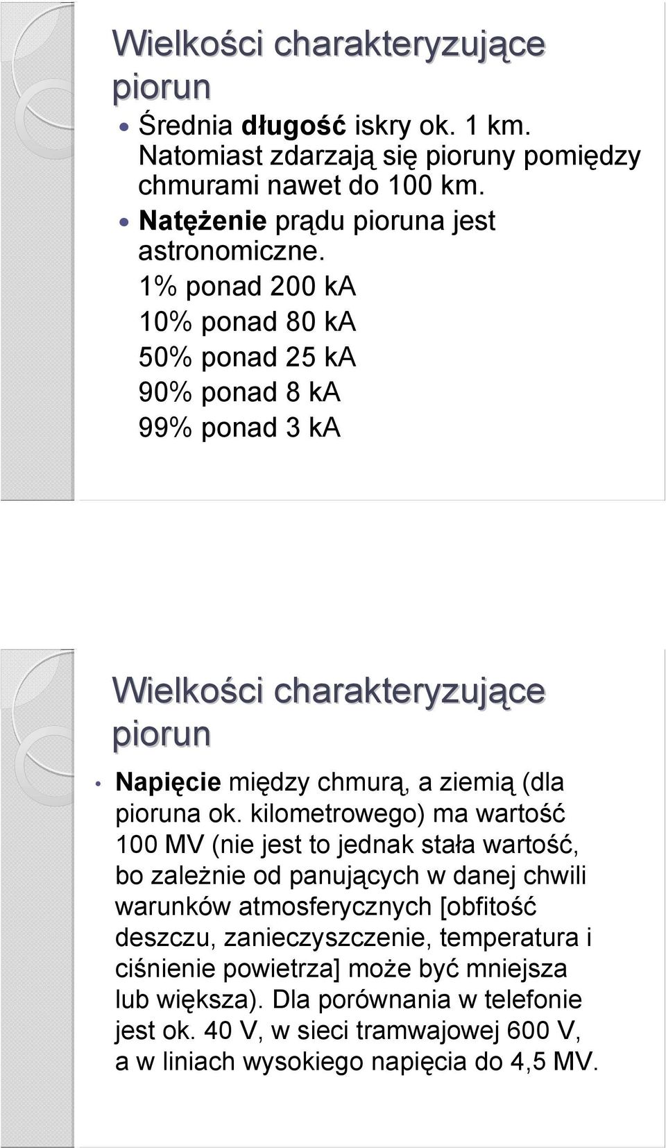 1% ponad 200 ka 10% ponad 80 ka 50% ponad 25 ka 90% ponad 8 ka 99% ponad 3 ka Wielkości charakteryzujące ce piorun Napięcie między chmurą, a ziemią (dla pioruna ok.