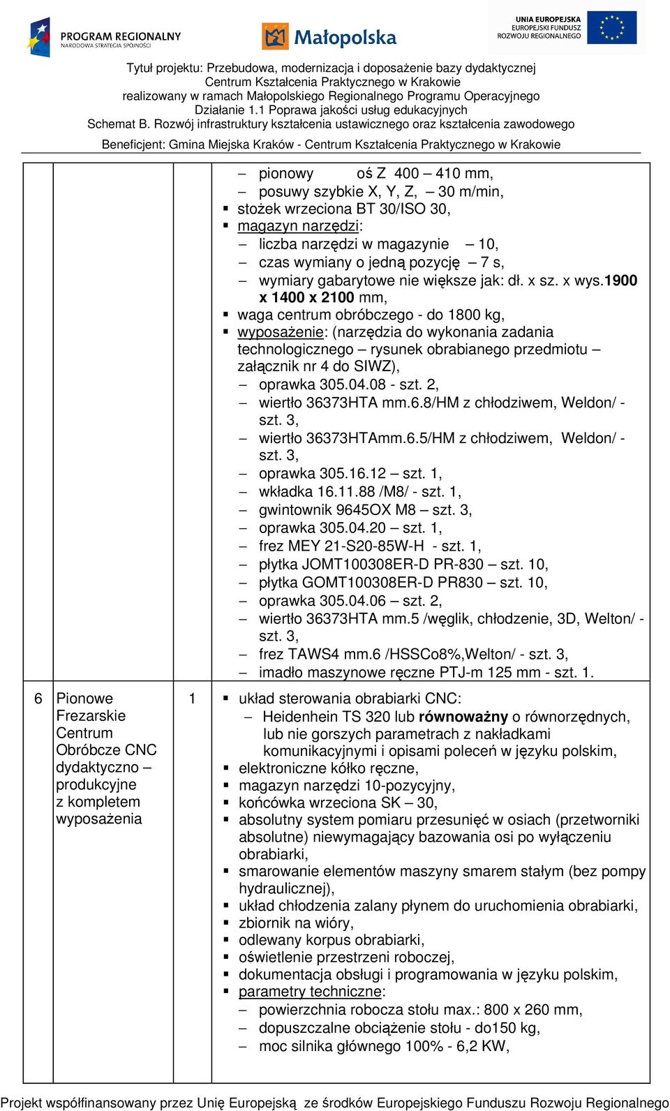 1900 x 1400 x 2100 mm, waga centrum obróbczego - do 1800 kg, wyposażenie: (narzędzia do wykonania zadania technologicznego rysunek obrabianego przedmiotu załącznik nr 4 do SIWZ), oprawka 305.04.