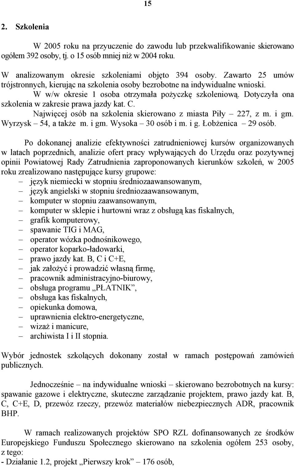 C. Najwięcej osób na szkolenia skierowano z miasta Piły 227, z m. i gm. Wyrzysk 54, a także m. i gm. Wysoka 30 osób i m. i g. Łobżenica 29 osób.