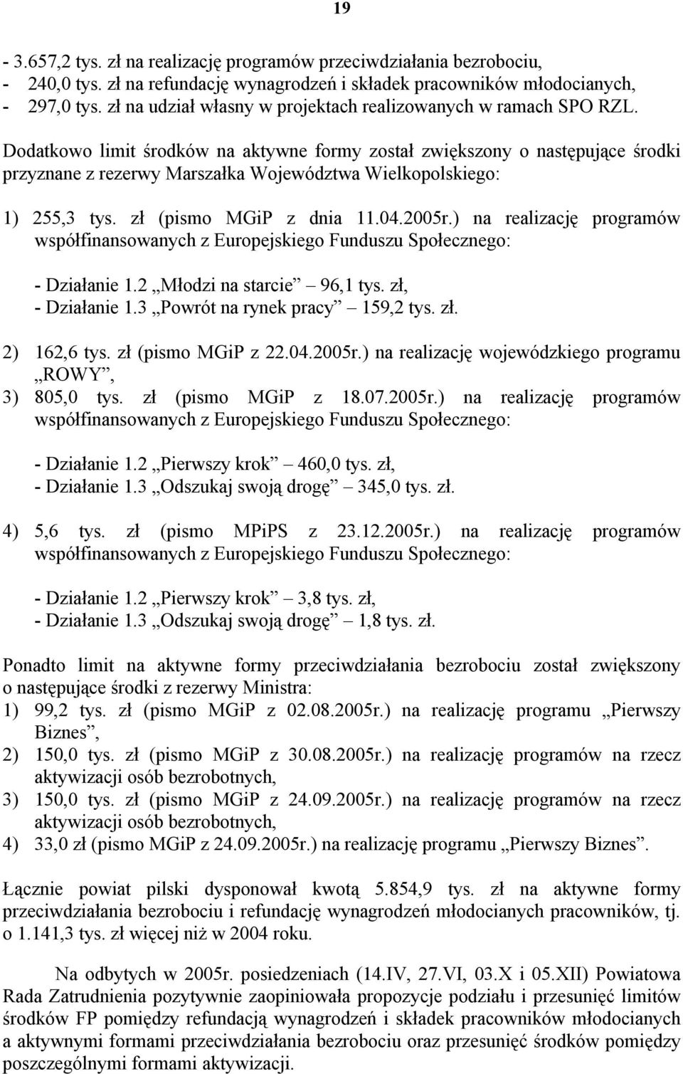 Dodatkowo limit środków na aktywne formy został zwiększony o następujące środki przyznane z rezerwy Marszałka Województwa Wielkopolskiego: 1) 255,3 tys. zł (pismo MGiP z dnia 11.04.2005r.