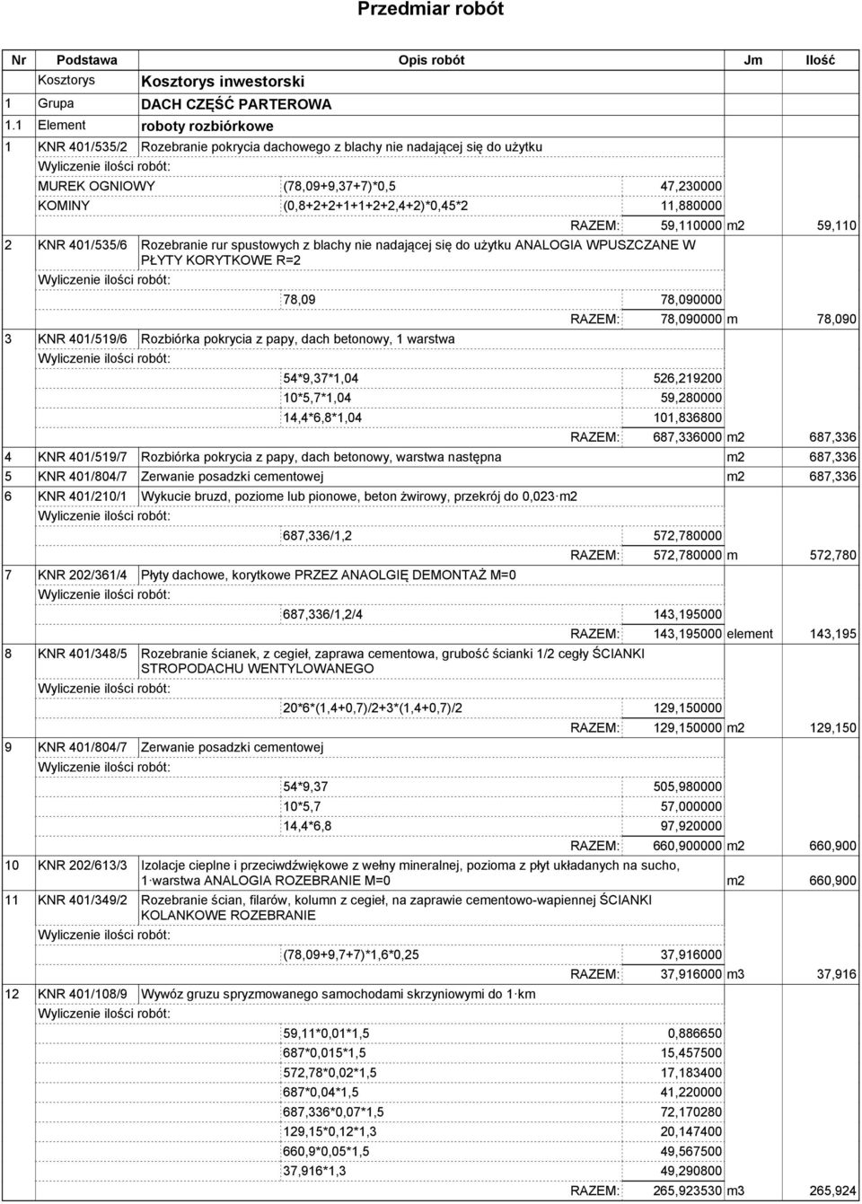 11,880000 2 KNR 401/535/6 Rozebranie rur spustowych z blachy nie nadającej się do użytku ANALOGIA WPUSZCZANE W PŁYTY KORYTKOWE R=2 3 KNR 401/519/6 Rozbiórka pokrycia z papy, dach betonowy, 1 warstwa