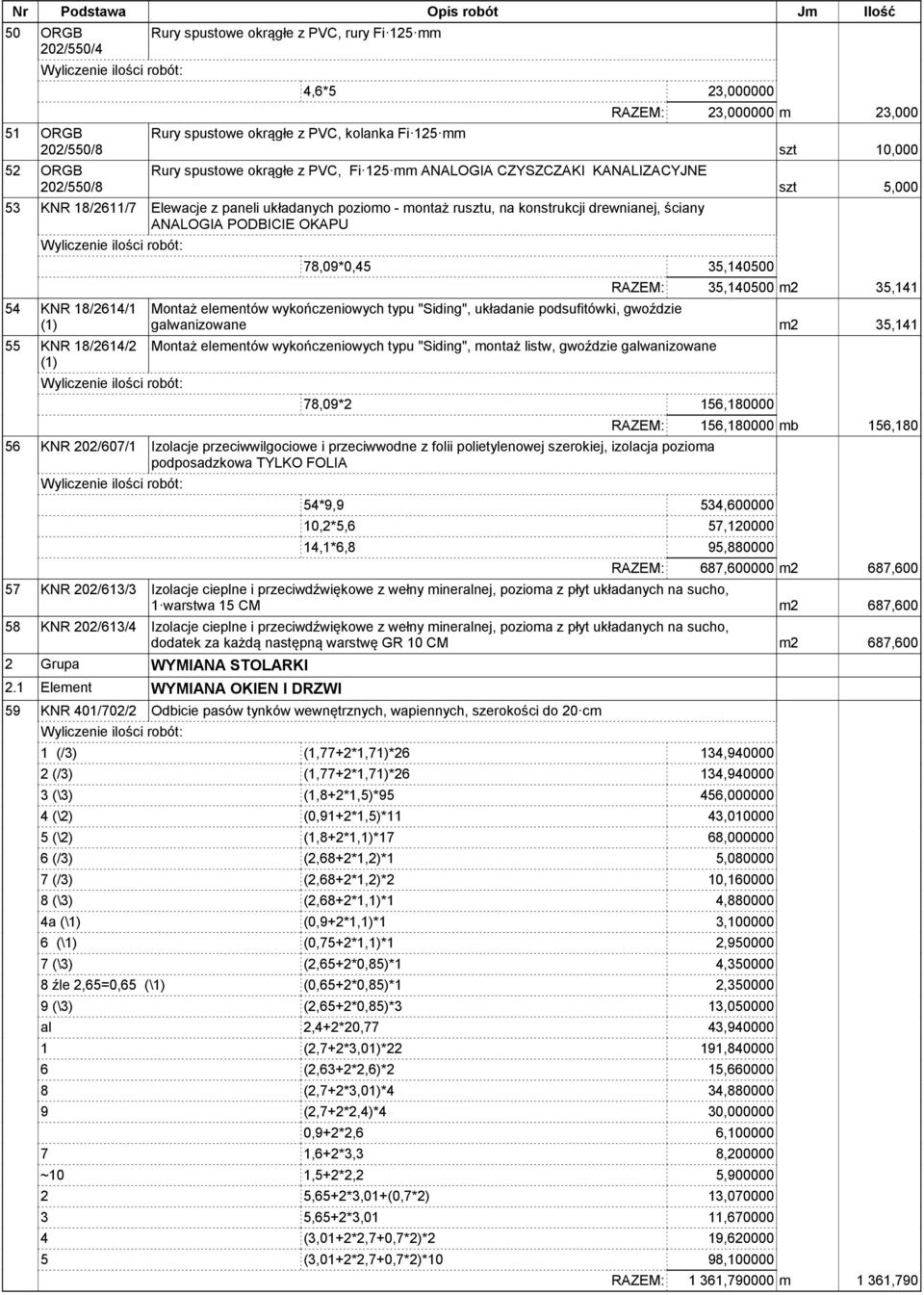 RAZEM: 23,000000 m 23,000 78,09*0,45 35,140500 szt 10,000 szt 5,000 RAZEM: 35,140500 m2 35,141 Montaż elementów wykończeniowych typu "Siding", układanie podsufitówki, gwoździe galwanizowane m2 35,141