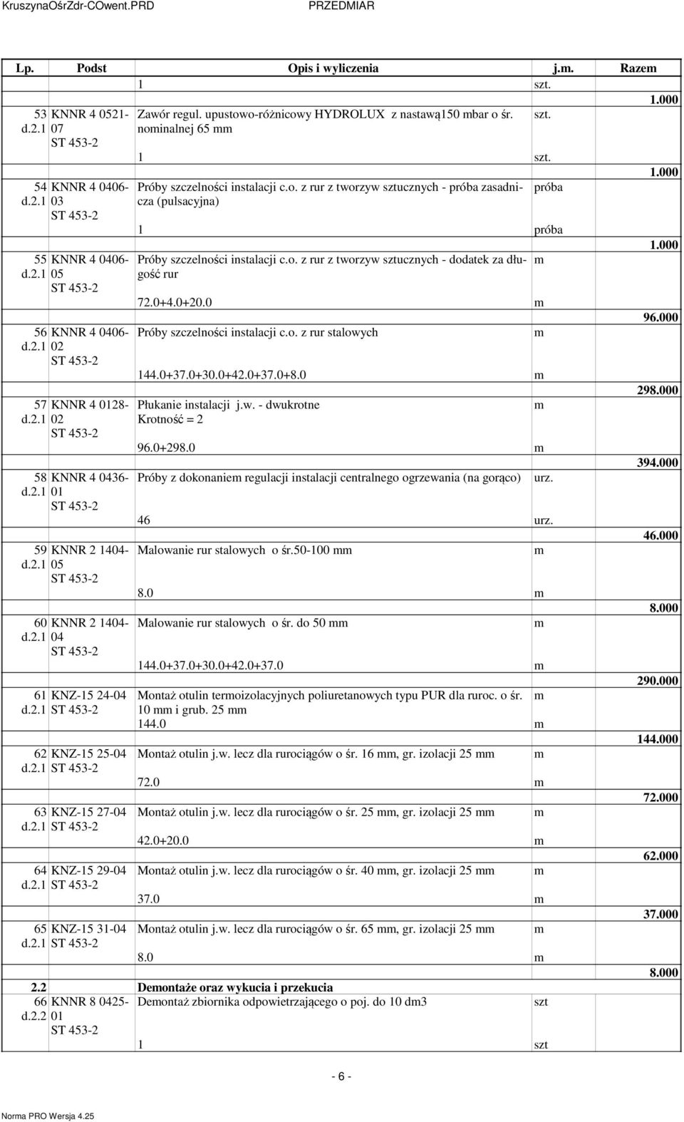 o. z rur z tworzyw sztucznych - dodatek za długość rur 72.0+4.0+20.0 Próby szczelności instalacji c.o. z rur stalowych 144.0+37.0+30.0+42.0+37.0+8.0 Płukanie instalacji j.w. - dwukrotne Krotność = 2 96.