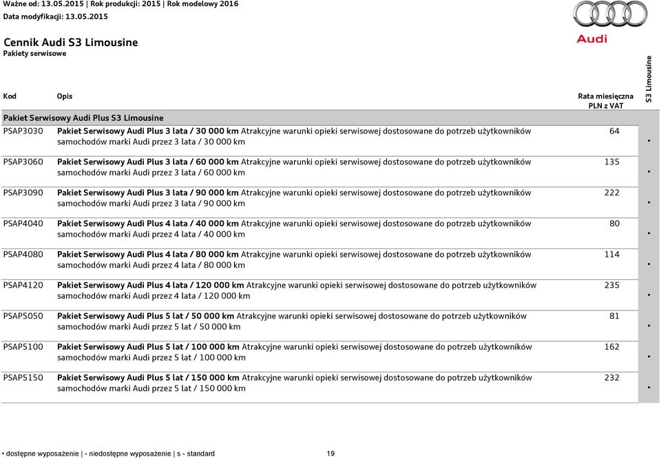 samochodów marki Audi przez 3 lata / 60 000 km 135 PSAP3090 Pakiet Serwisowy Audi Plus 3 lata / 90 000 km Atrakcyjne warunki opieki serwisowej dostosowane do potrzeb użytkowników samochodów marki