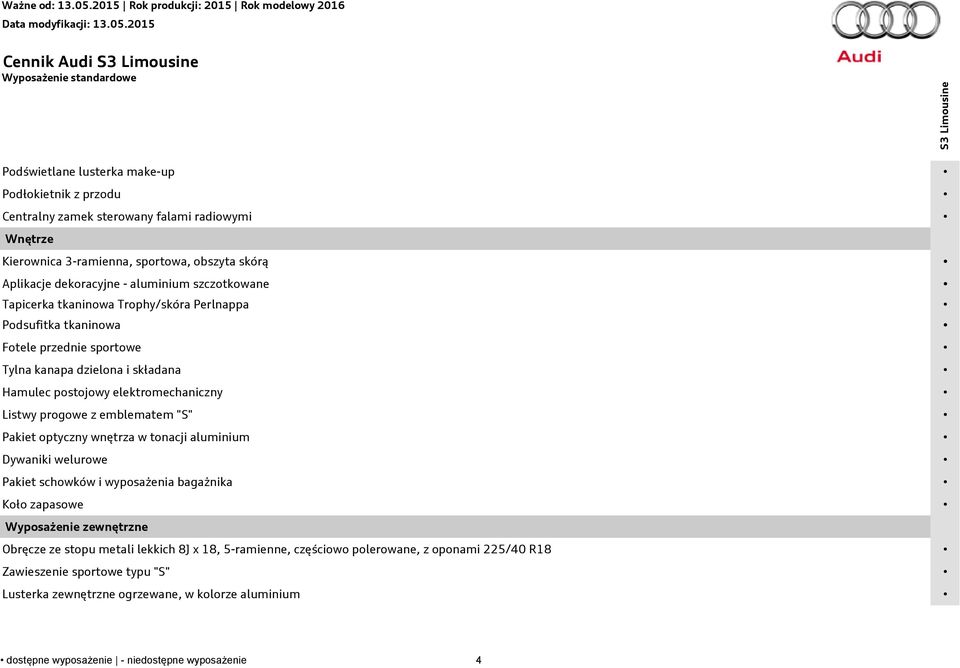 elektromechaniczny Listwy progowe z emblematem "S" Pakiet optyczny wnętrza w tonacji aluminium Dywaniki welurowe Pakiet schowków i wyposażenia bagażnika Koło zapasowe Wyposażenie zewnętrzne