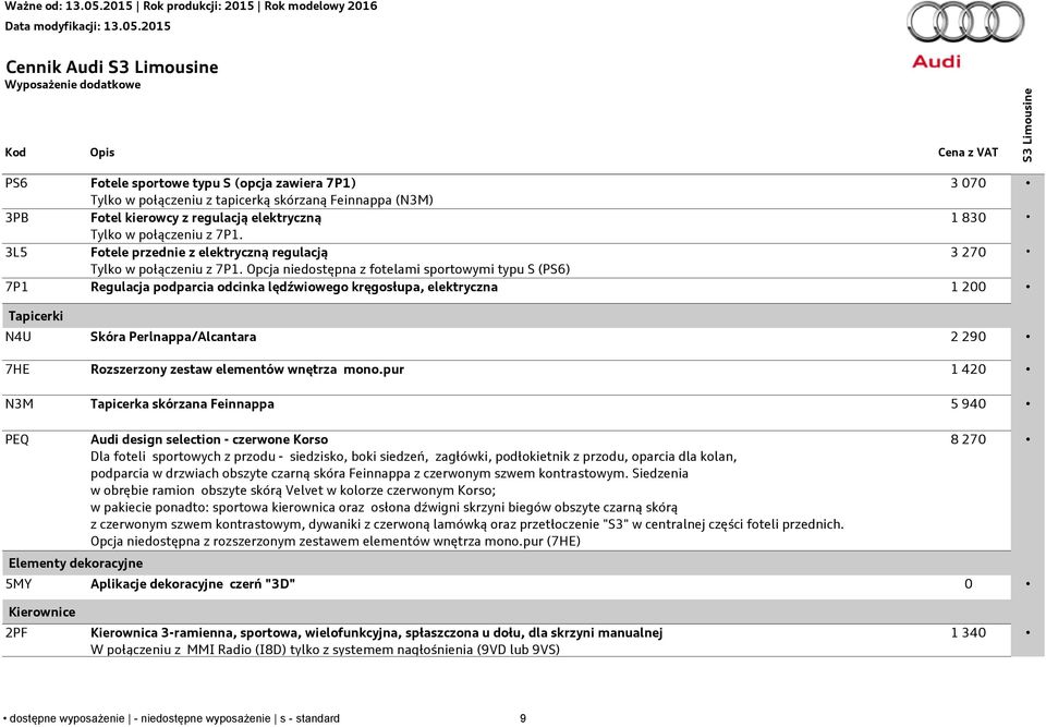 Opcja niedostępna z fotelami sportowymi typu S (PS6) 7P1 Regulacja podparcia odcinka lędźwiowego kręgosłupa, elektryczna 1 200 Tapicerki N4U Skóra Perlnappa/Alcantara 2 290 7HE Rozszerzony zestaw