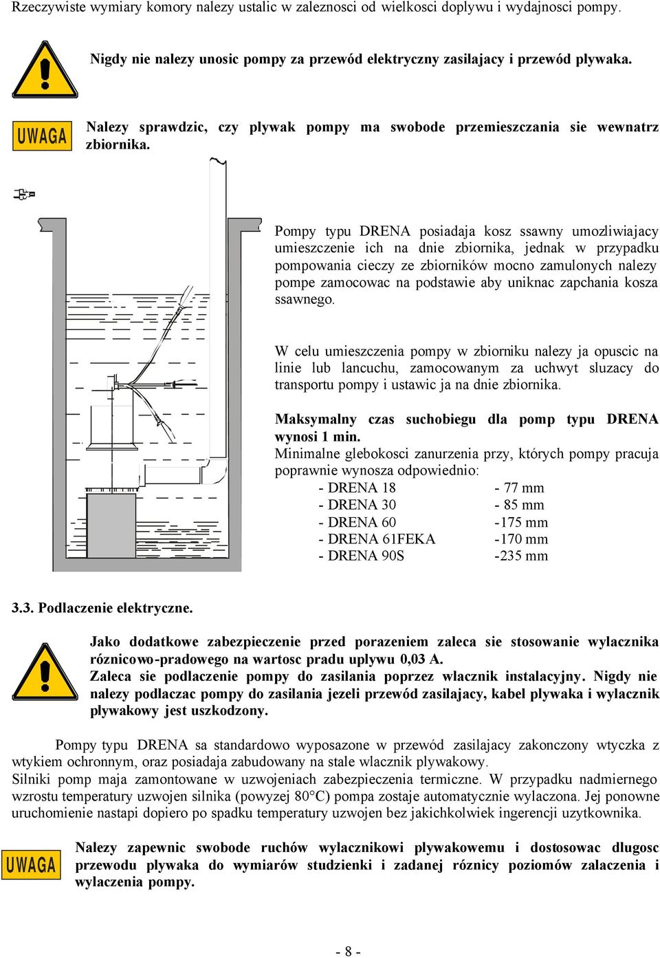 Pompy typu DRENA posiadaja kosz ssawny umozliwiajacy umieszczenie ich na dnie zbiornika, jednak w przypadku pompowania cieczy ze zbiorników mocno zamulonych nalezy pompe zamocowac na podstawie aby