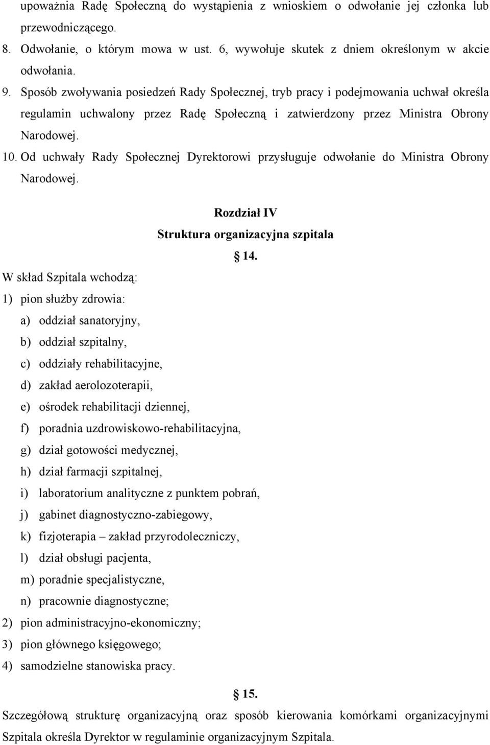 Od uchwały Rady Społecznej Dyrektorowi przysługuje odwołanie do Ministra Obrony Narodowej. Rozdział IV Struktura organizacyjna szpitala 14.