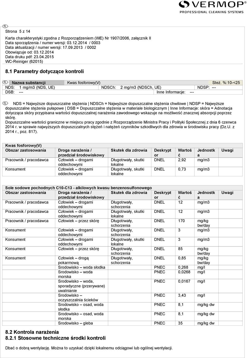 Najwyższe dopuszczalne stężenia pułapowe DSB = Dopuszczalne stężenia w materiale biologicznym Inne Informacje: skóra = Adnotacja dotycząca skóry przypisana wartości dopuszczalnej narażenia zawodowego