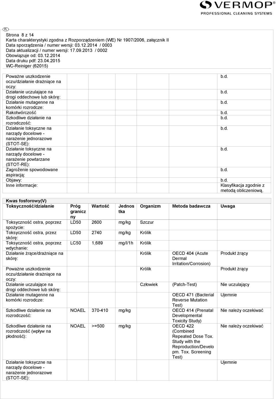 Objawy: Inne informacje: Kwas fosforowy(v) Toksyczność/działanie Toksyczność ostra, poprzez spożycie: Toksyczność ostra, przez skórę: Toksyczność ostra, poprzez wdychanie: Działanie żrące/drażniące