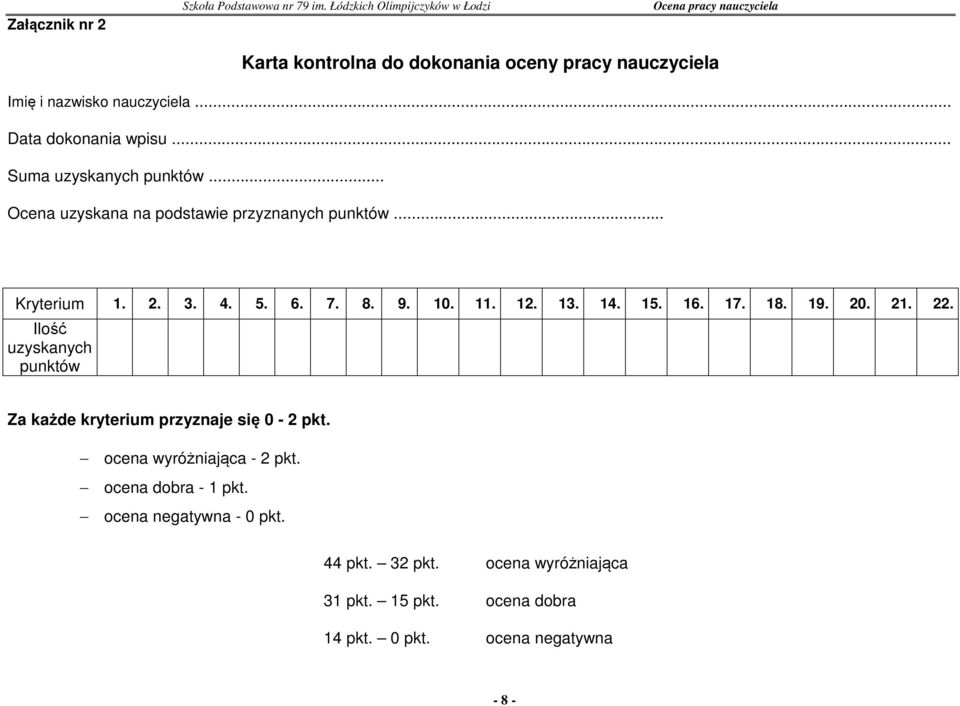 .. Suma uzyskanych punktów... Ocena uzyskana na podstawie przyznanych punktów... Kryterium 1. 2. 3. 4. 5. 6. 7. 8. 9. 10. 11. 12. 13. 14. 15. 16.