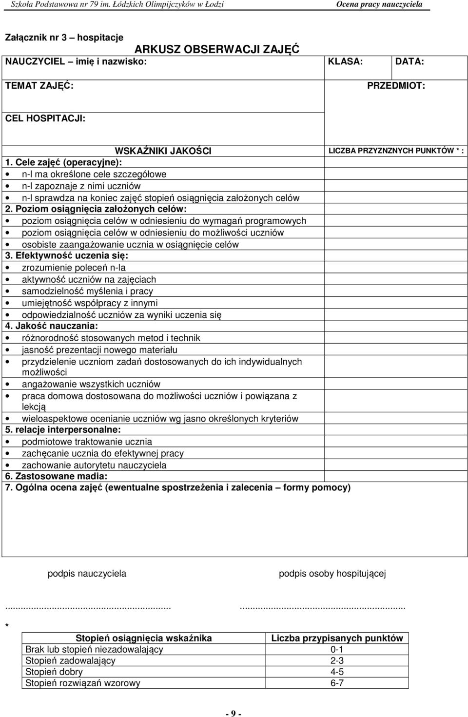 Poziom osiągnięcia założonych celów: poziom osiągnięcia celów w odniesieniu do wymagań programowych poziom osiągnięcia celów w odniesieniu do możliwości uczniów osobiste zaangażowanie ucznia w