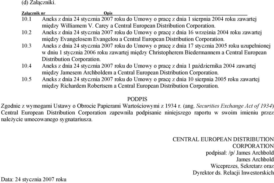 3 Aneks z dnia 24 stycznia 2007 roku do Umowy o pracę z dnia 17 stycznia 2005 roku uzupełnionej w dniu 1 stycznia 2006 roku zawartej między Christopherem Biedermannem a Central European Distribution