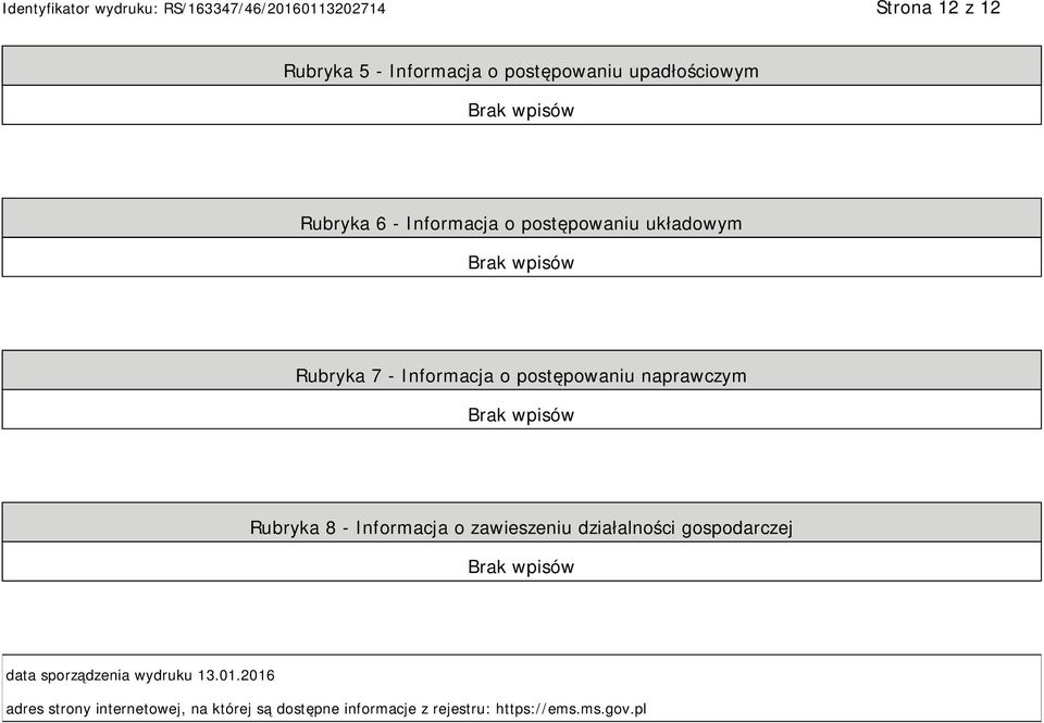 Informacja o zawieszeniu działalności gospodarczej data sporządzenia wydruku 13.01.