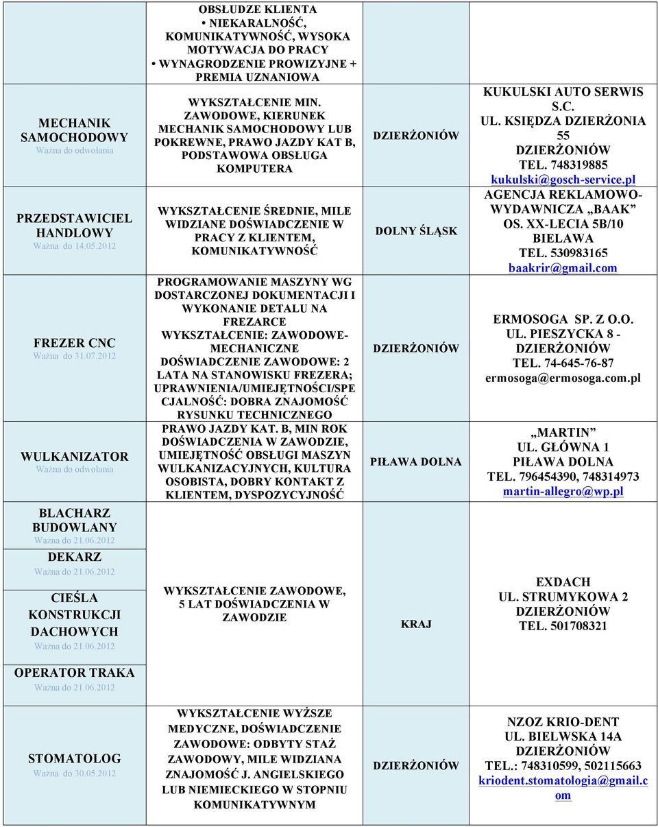 ZAWODOWE, KIERUNEK MECHANIK SAMOCHODOWY LUB POKREWNE, PRAWO JAZDY KAT B, PODSTAWOWA OBSŁUGA KOMPUTERA WYKSZTAŁCENIE ŚREDNIE, MILE WIDZIANE DOŚWIADCZENIE W PRACY Z KLIENTEM, KOMUNIKATYWNOŚĆ