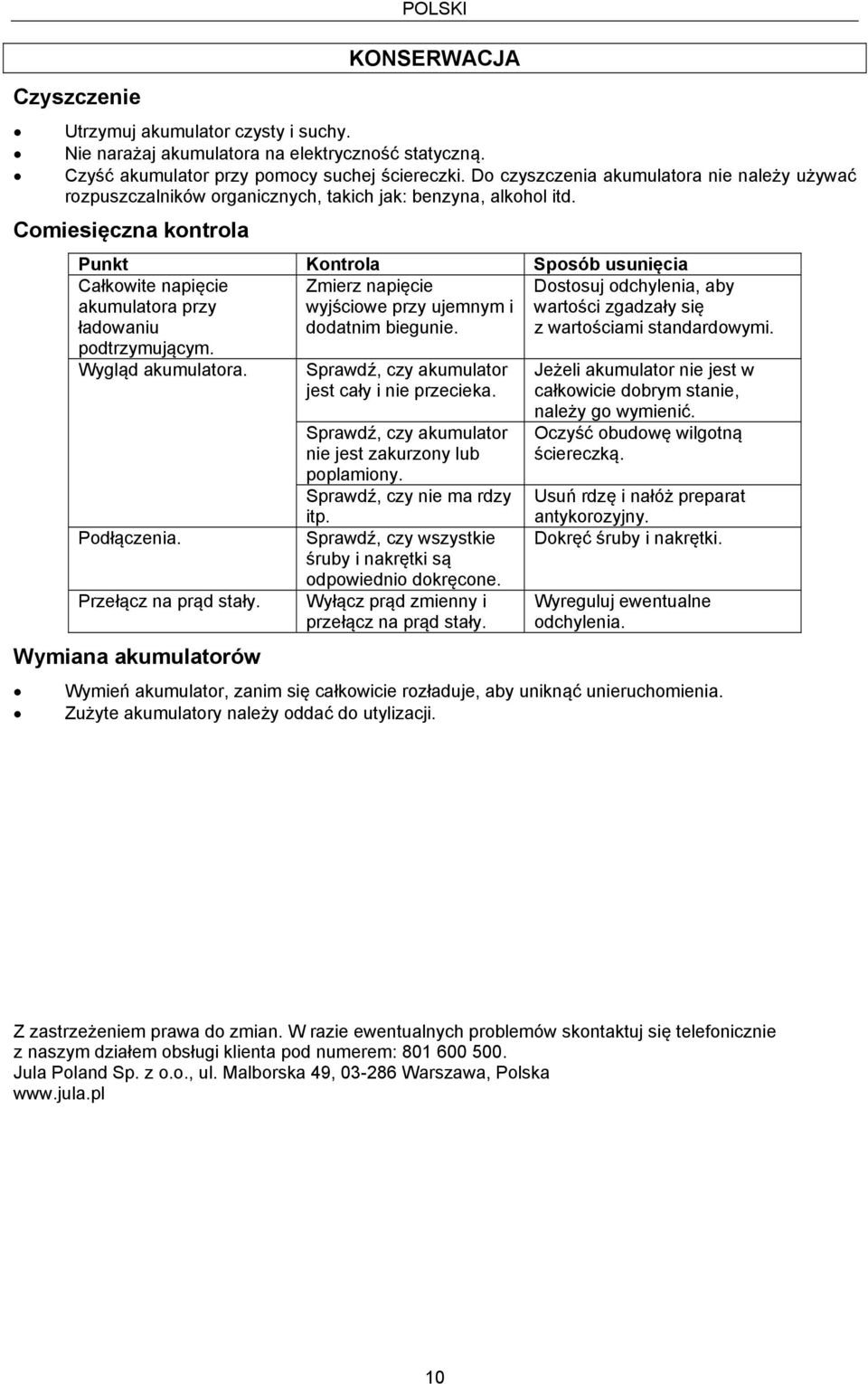 Comiesięczna kontrola Punkt Kontrola Sposób usunięcia Całkowite napięcie akumulatora przy ładowaniu podtrzymującym. Zmierz napięcie wyjściowe przy ujemnym i dodatnim biegunie. Wygląd akumulatora.