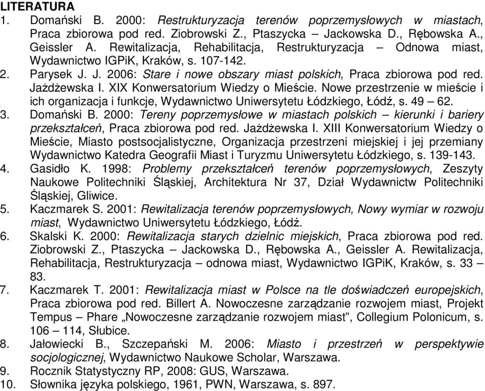 XIX Konwersatorium Wiedzy o Mieście. Nowe przestrzenie w mieście i ich organizacja i funkcje, Wydawnictwo Uniwersytetu Łódzkiego, Łódź, s. 49 62. 3. Domański B.