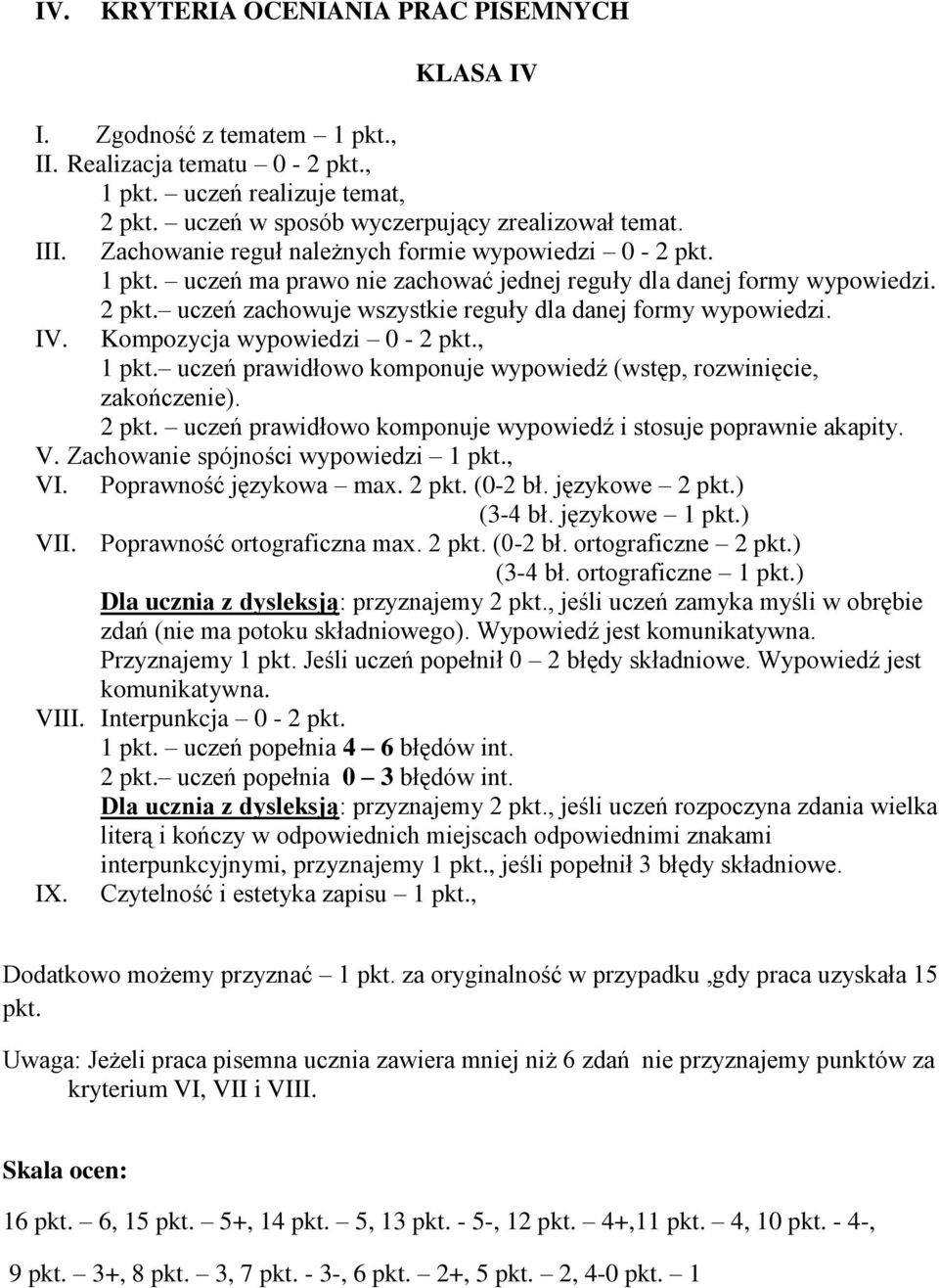 Kompozycja wypowiedzi 0 - pkt., pkt. uczeń prawidłowo komponuje wypowiedź (wstęp, rozwinięcie, zakończenie). pkt. uczeń prawidłowo komponuje wypowiedź i stosuje poprawnie akapity. V.