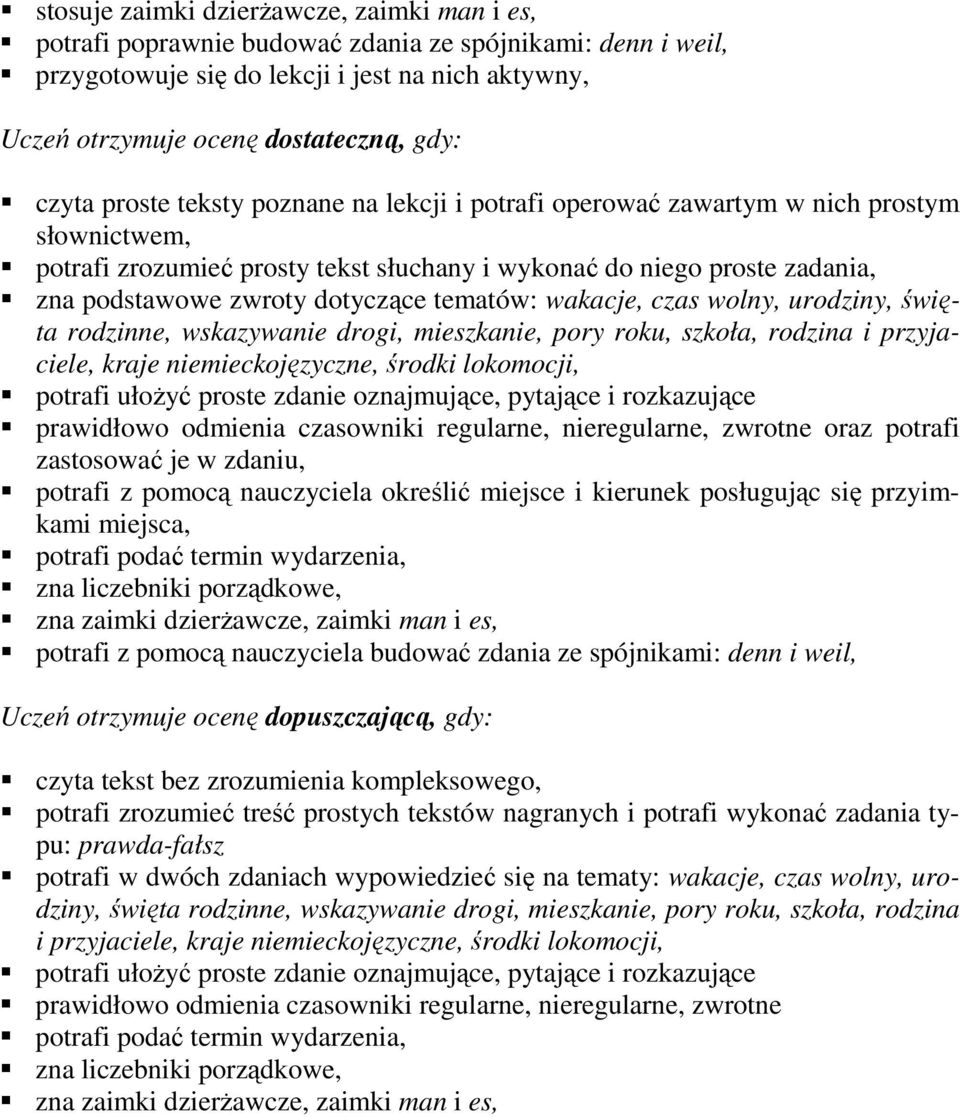 rodzinne, wskazywanie drogi, mieszkanie, pory roku, szkoła, rodzina i przyjaciele, kraje niemieckojęzyczne, środki lokomocji, potrafi ułoŝyć proste zdanie oznajmujące, pytające i rozkazujące