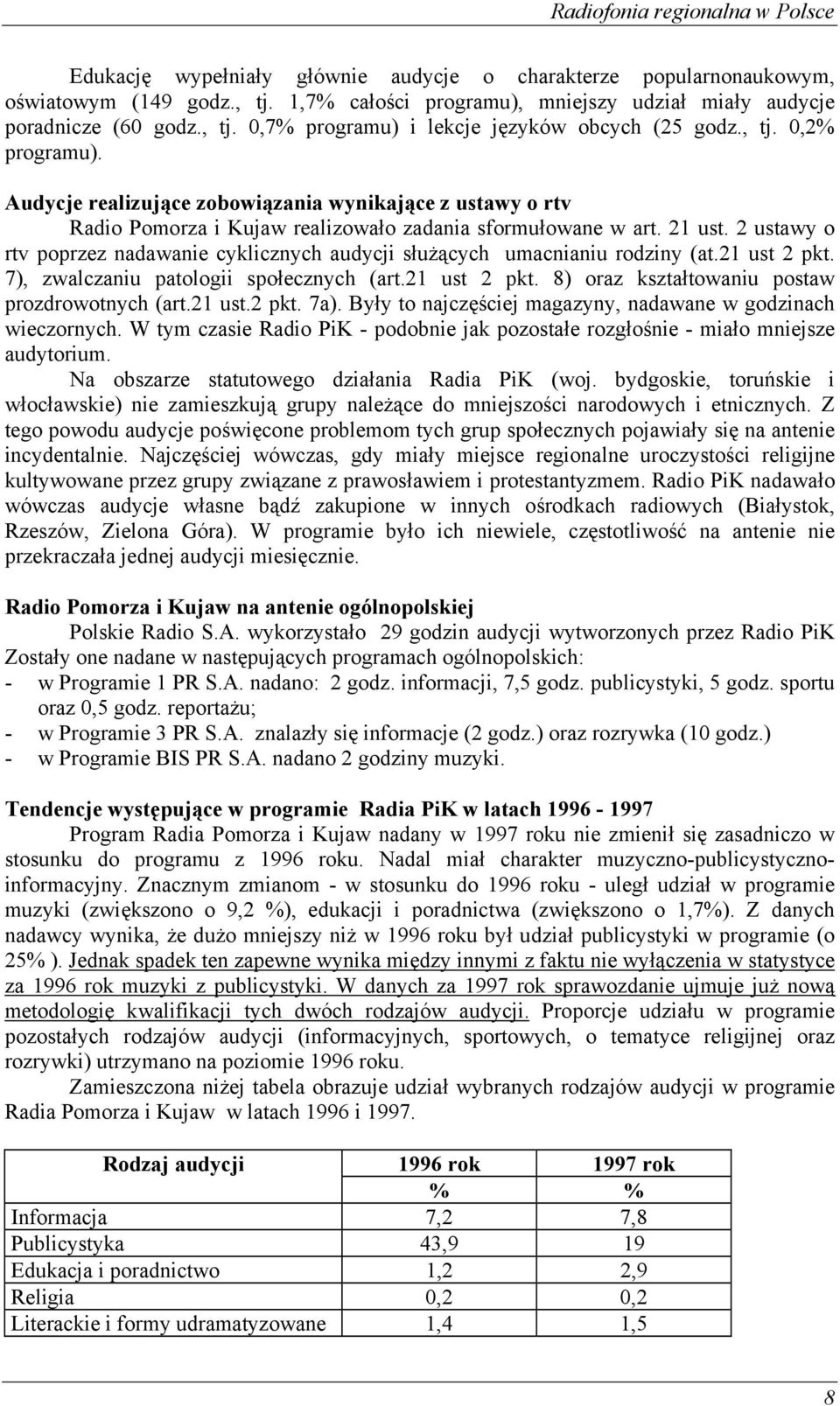 2 ustawy o rtv poprzez nadawanie cyklicznych audycji służących umacnianiu rodziny (at.21 ust 2 pkt. 7), zwalczaniu patologii społecznych (art.21 ust 2 pkt. 8) oraz kształtowaniu postaw prozdrowotnych (art.