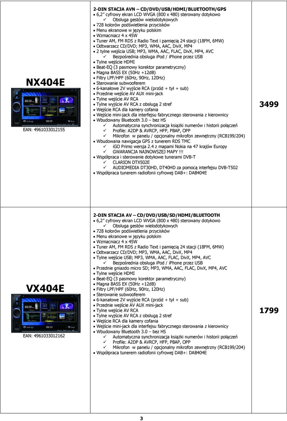DivX, MP4, AVC Tylne wejście HDMI Beat-EQ (3 pasmowy korektor parametryczny) Magna BASS EX (50Hz +12dB) 6-kanałowe 2V wyjście RCA (przód + tył + sub) Przednie wejście AV AUX mini-jack Tylne wejście