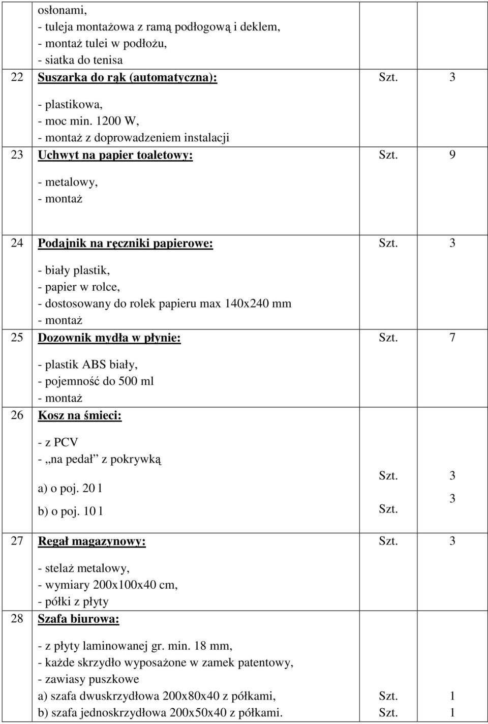 Dozownik mydła w płynie: 7 - plastik ABS biały, - pojemność do 500 ml 26 Kosz na śmieci: - z PCV - na pedał z pokrywką a) o poj. 20 l b) o poj.