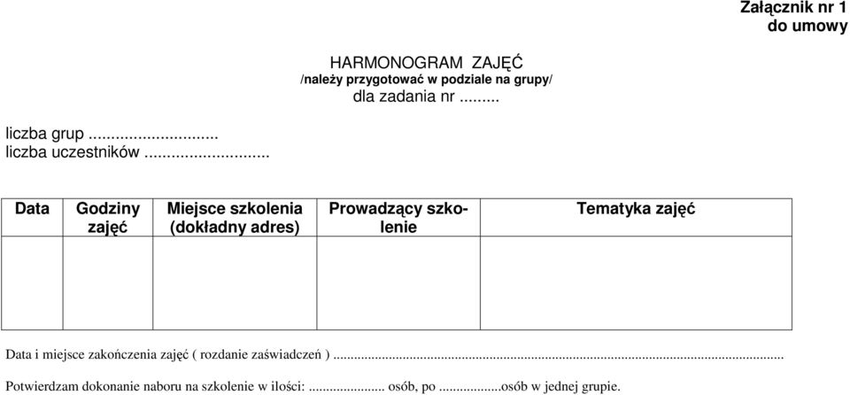 .. Data Godziny zajęć Miejsce szkolenia (dokładny adres) Prowadzący szkolenie Tematyka zajęć