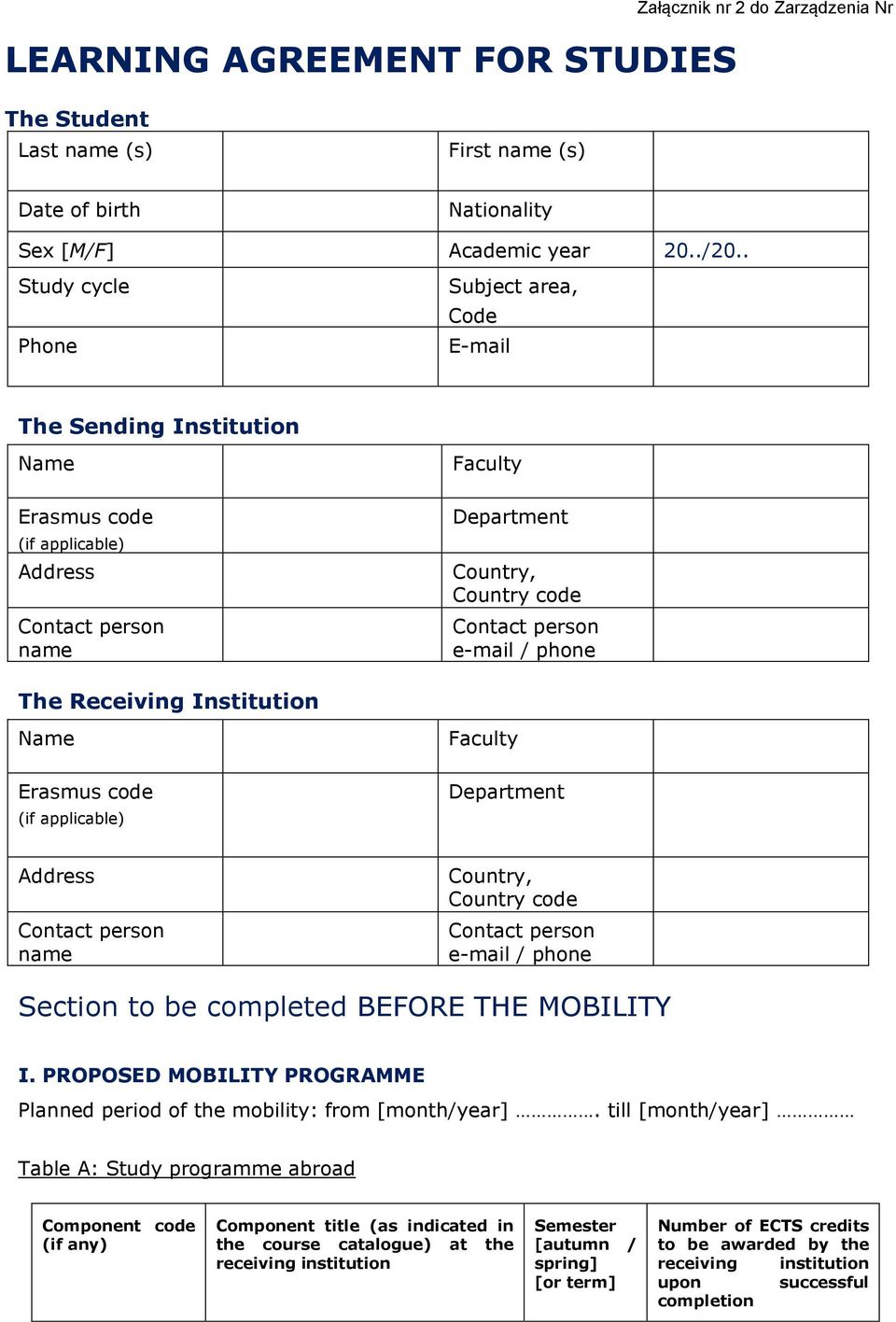 phone The Receiving Institution Name Erasmus code (if applicable) Faculty Department Address Contact person name Country, Country code Contact person e-mail / phone Section to be completed BEFORE THE