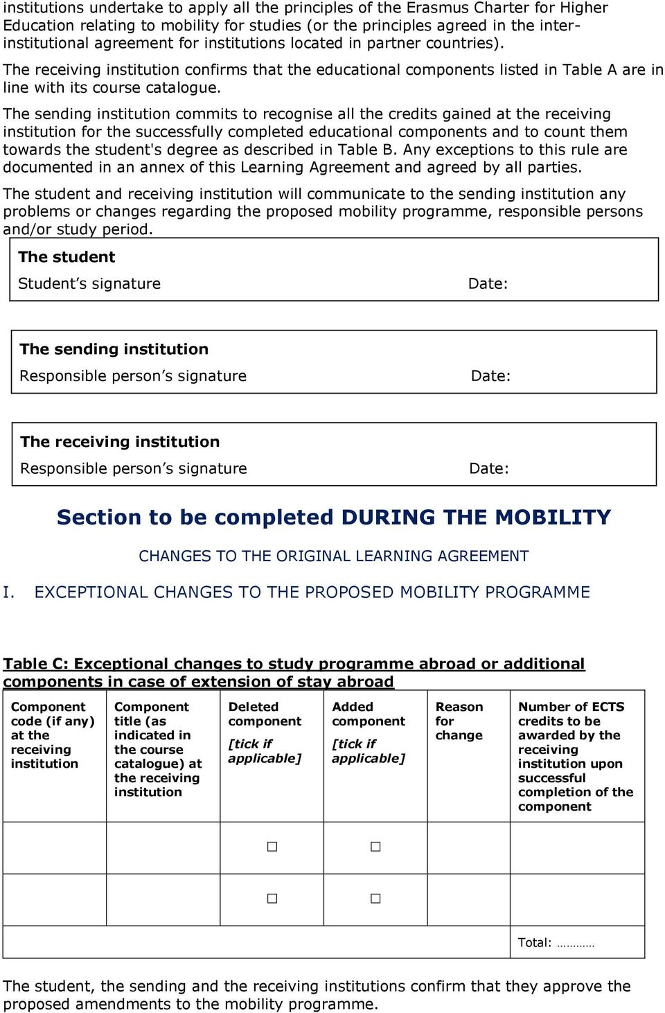 The sending institution commits to recognise all the credits gained at the receiving institution for the successfully completed educational components and to count them towards the student's degree