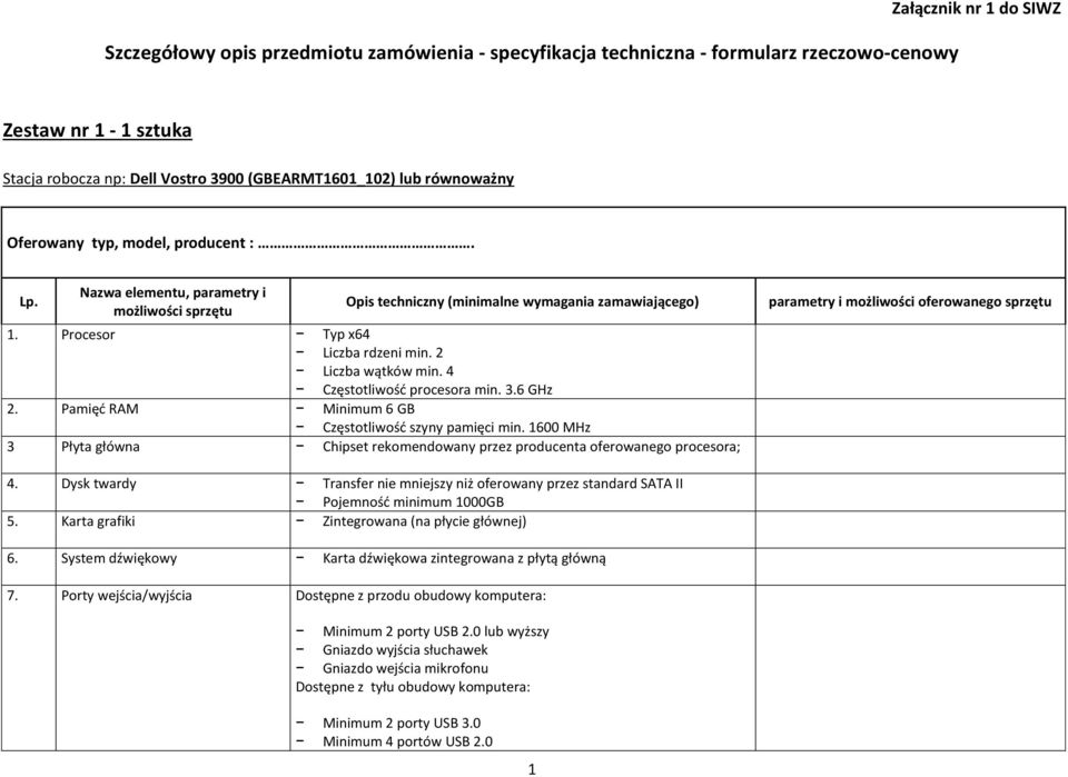 4 Częstotliwość procesora min. 3.6 GHz 2. Pamięć RAM Minimum 6 GB Częstotliwość szyny pamięci min.