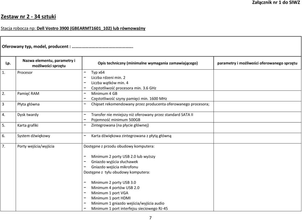 Pamięć RAM Minimum 4 GB Częstotliwość szyny pamięci min. 1600 MHz 3 Płyta główna Chipset rekomendowany przez producenta oferowanego procesora; parametry i możliwości oferowanego sprzętu 4.