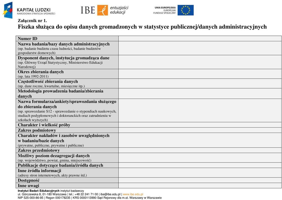 Główny Urząd Statystyczny, Ministerstwo Edukacji Narodowej) Okres zbierania danych (np. lata 1992-2011) Częstotliwość zbierania danych (np. dane roczne, kwartalne, miesięczne itp.