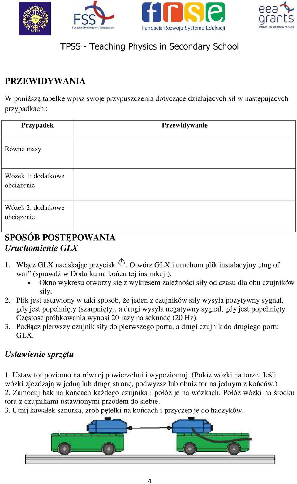 Otwórz GLX i uruchom plik instalacyjny tug of war (sprawdź w Dodatku na końcu tej instrukcji). Okno wykresu otworzy się z wykresem zależności siły od czasu dla obu czujników siły. 2.