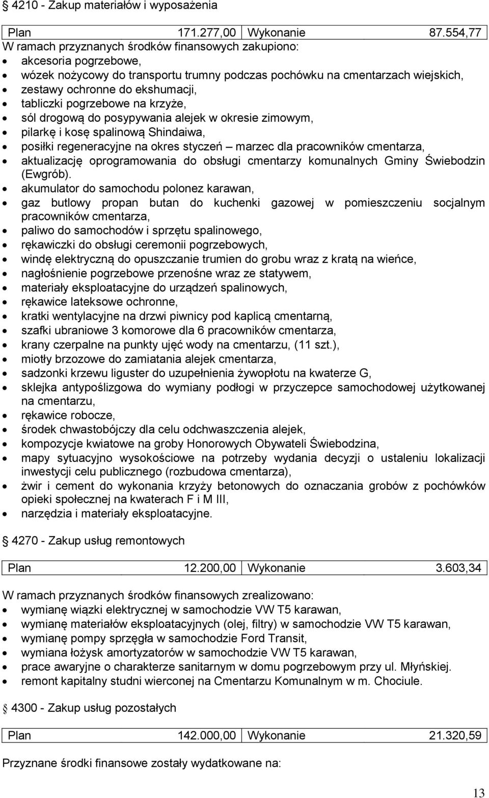 tabliczki pogrzebowe na krzyże, sól drogową do posypywania alejek w okresie zimowym, pilarkę i kosę spalinową Shindaiwa, posiłki regeneracyjne na okres styczeń marzec dla pracowników cmentarza,