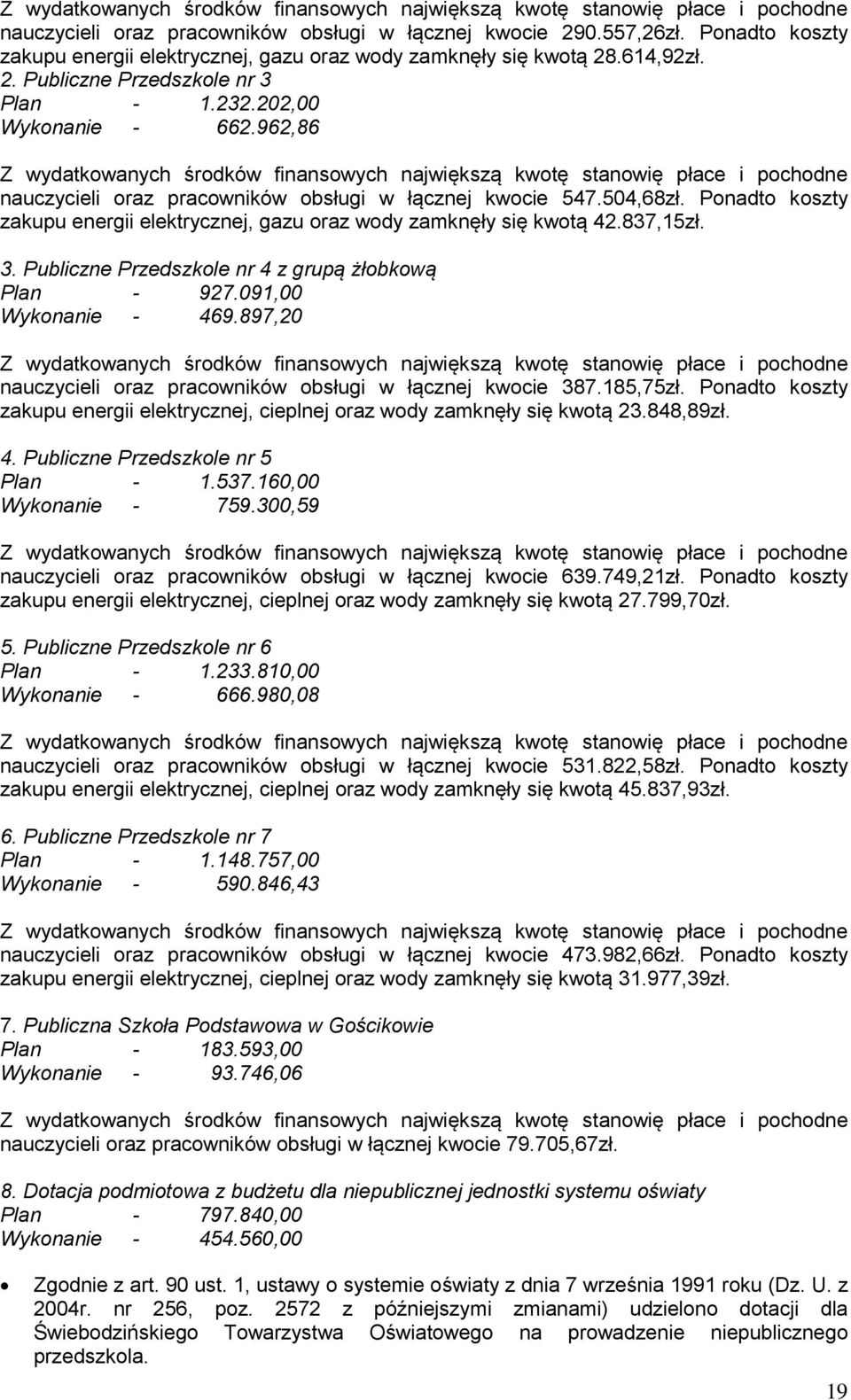 962,86 Z wydatkowanych środków finansowych największą kwotę stanowię płace i pochodne nauczycieli oraz pracowników obsługi w łącznej kwocie 547.504,68zł.