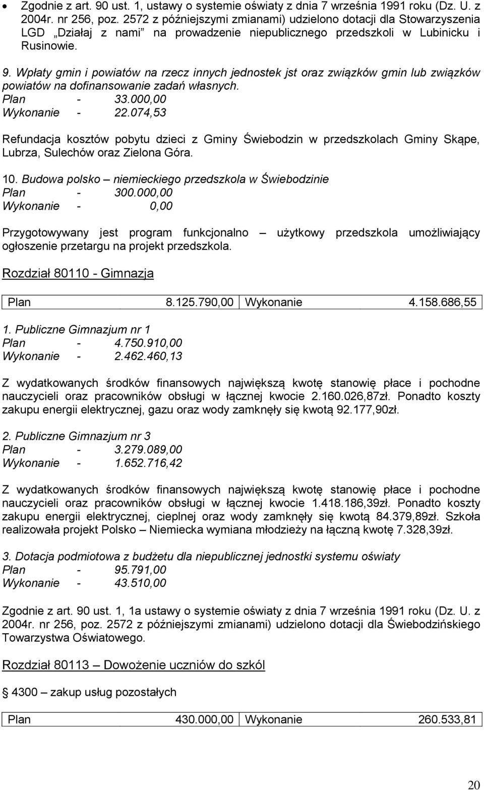 Wpłaty gmin i powiatów na rzecz innych jednostek jst oraz związków gmin lub związków powiatów na dofinansowanie zadań własnych. Plan - 33.000,00 Wykonanie - 22.