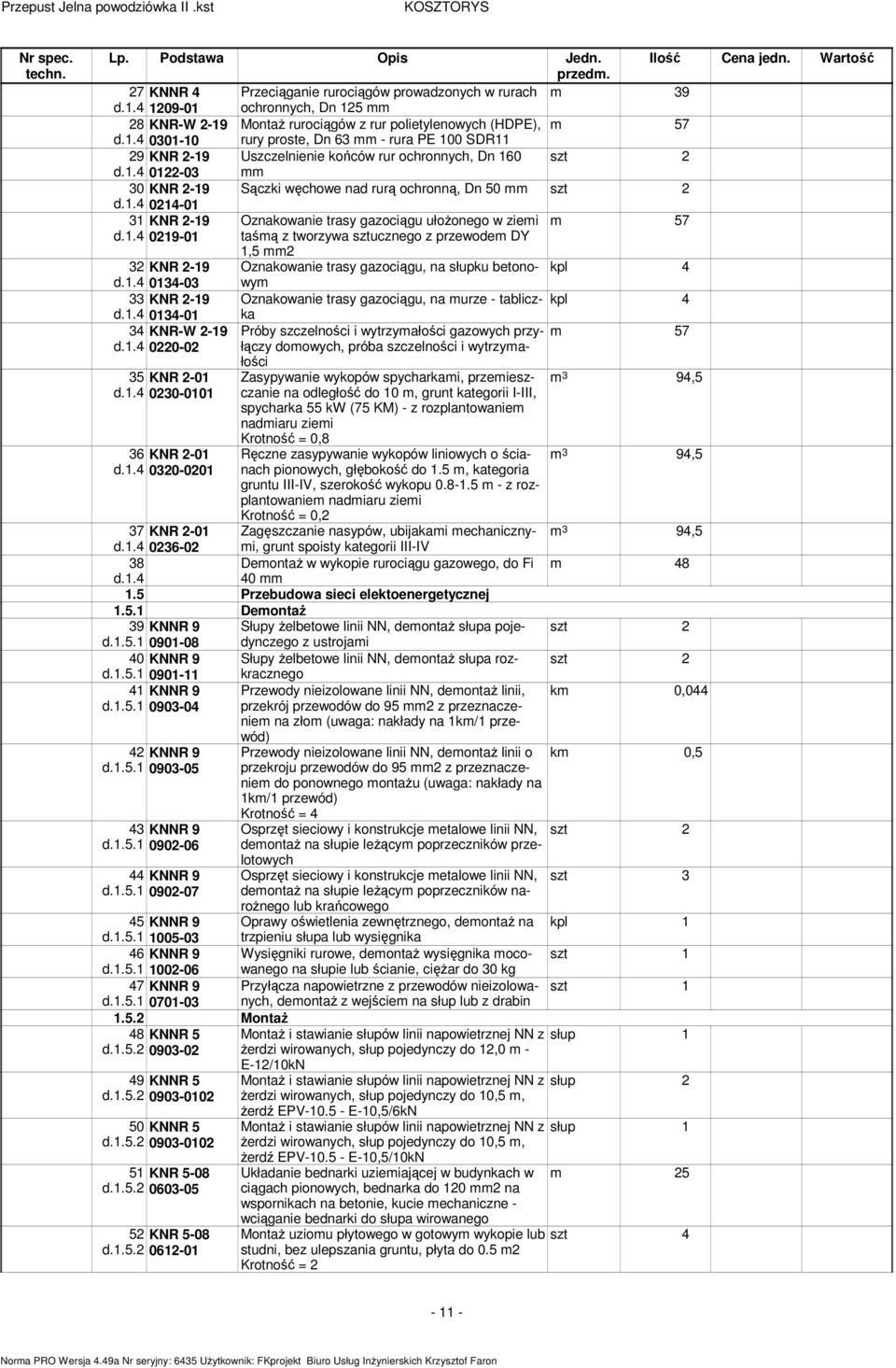 29 KNR 2-19 Uszczelnienie końców rur ochronnych, Dn 160 2 0122-03 30 KNR 2-19 Sączki węchowe nad rurą ochronną, Dn 50 2 0214-01 31 KNR 2-19 Oznakowanie trasy gazociągu ułoŝonego w ziei 57 0219-01