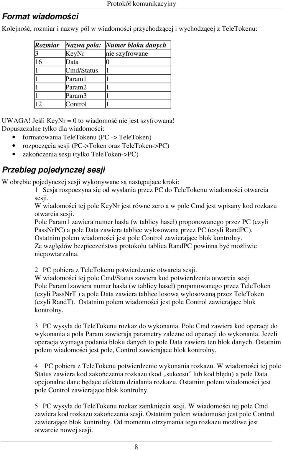 Dopuszczalne tylko dla wiadomości: formatowania TeleTokenu (PC -> TeleToken) rozpoczęcia sesji (PC->Token oraz TeleToken->PC) zakończenia sesji (tylko TeleToken->PC) Przebieg pojedynczej sesji W