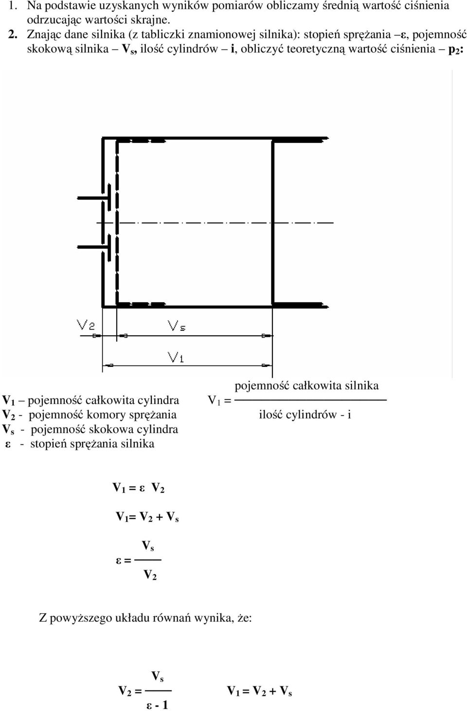 teoretyczną wartość ciśnienia p 2 : V 1 pojemność całkowita cylindra V 2 - pojemność komory sprężania V s - pojemność skokowa cylindra ε -