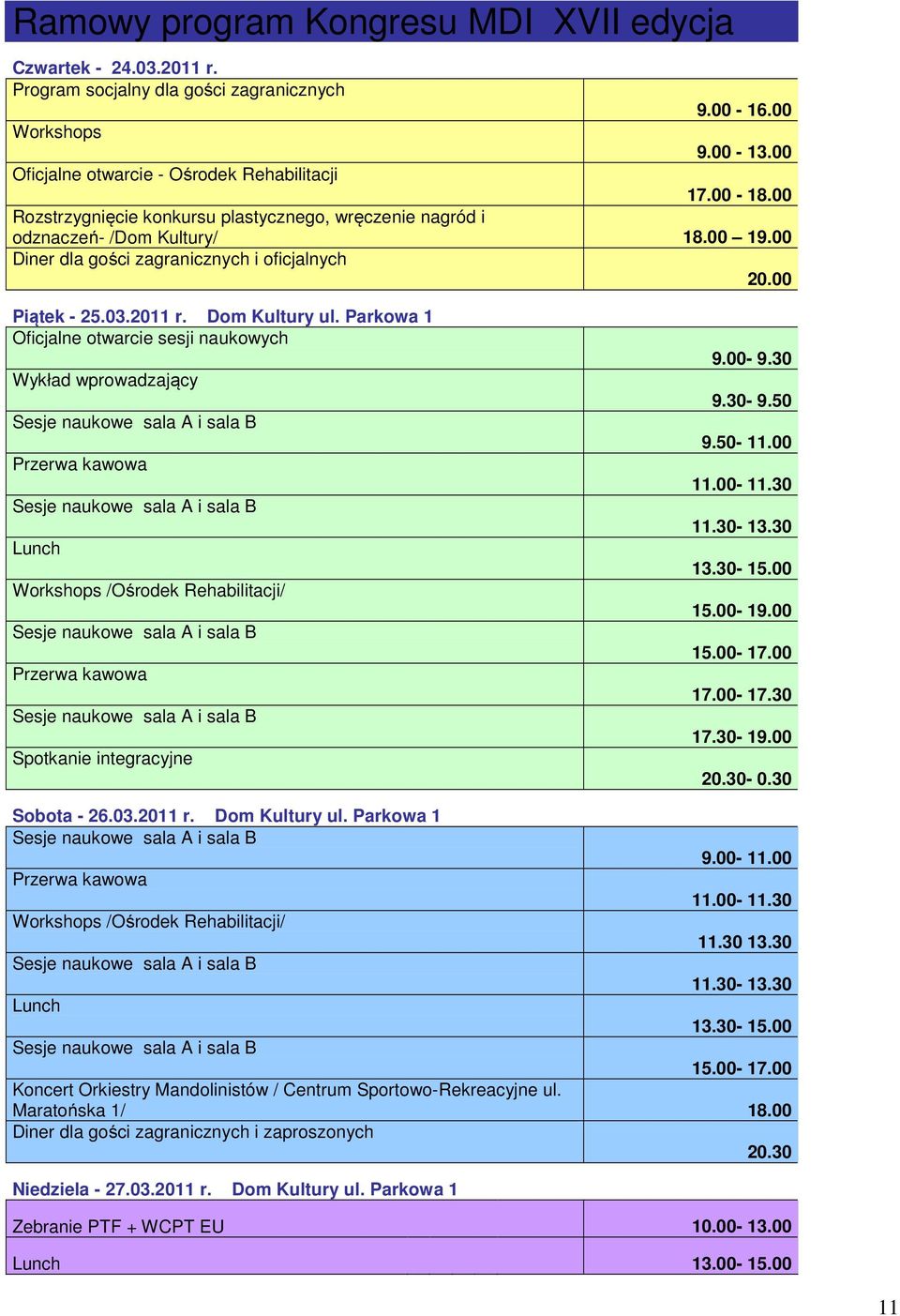 Parkowa 1 Oficjalne otwarcie sesji naukowych Wykład wprowadzający Sesje naukowe sala A i sala B Przerwa kawowa Sesje naukowe sala A i sala B Lunch Workshops /Ośrodek Rehabilitacji/ Sesje naukowe sala