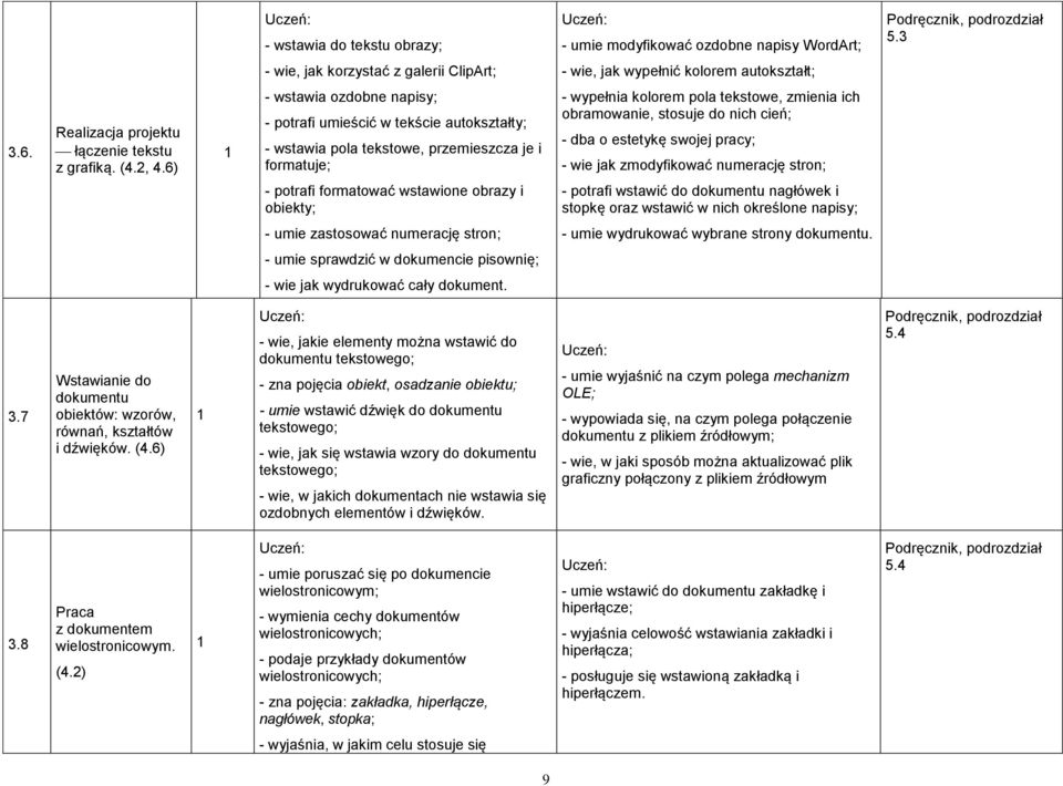 6) - wstawia ozdobne napisy; - potrafi umieścić w tekście autokształty; - wstawia pola tekstowe, przemieszcza je i formatuje; - potrafi formatować wstawione obrazy i obiekty; - wypełnia kolorem pola