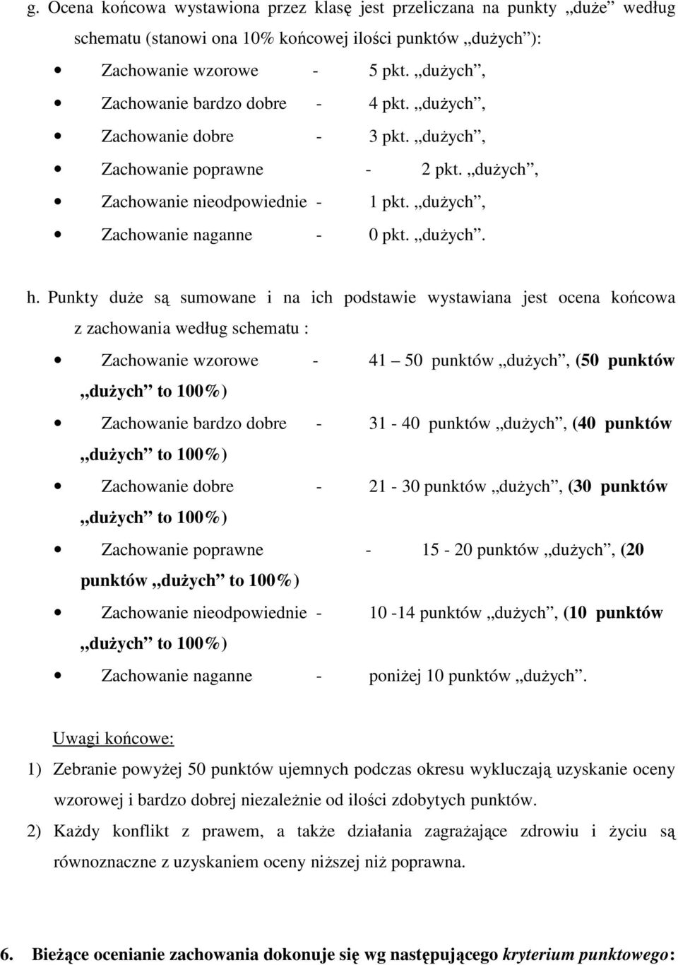 Punkty duże są sumowane i na ich podstawie wystawiana jest ocena końcowa z zachowania według schematu : Zachowanie wzorowe - 41 50 punktów dużych, (50 punktów dużych to 100%) Zachowanie bardzo dobre