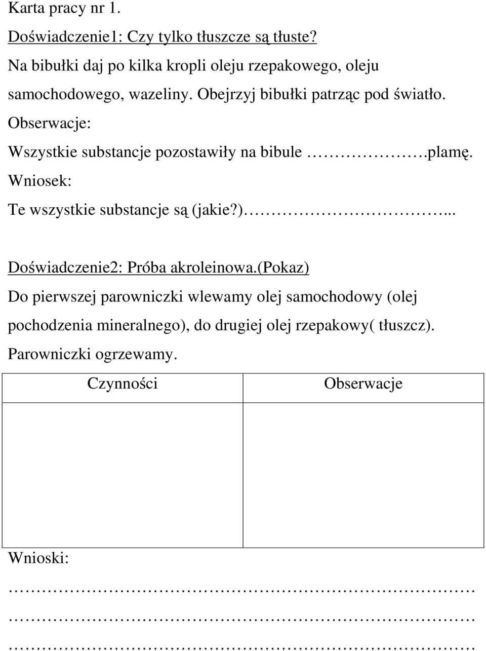 Obserwacje: Wszystkie substancje pozostawiły na bibule.plamę. Wniosek: Te wszystkie substancje są (jakie?).