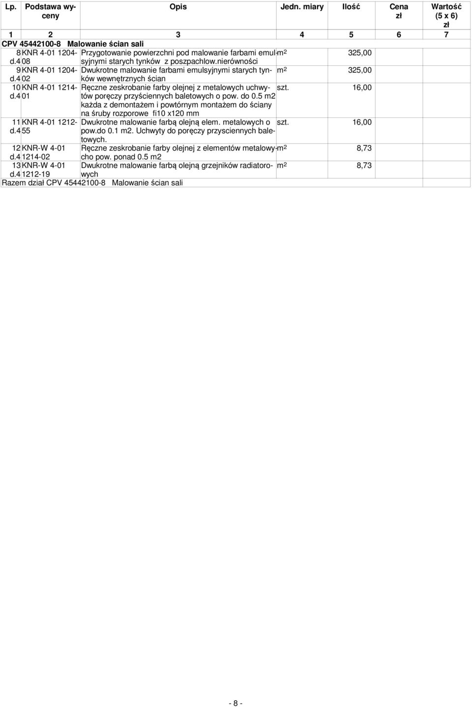 4 01 poręczy przyściennych baletowych o pow. do 0.5 2 każda z deontaże i powtórny ontaże do ściany na śruby rozporowe fi10 x120 11KNR 4-01 1212- Dwukrotne alowanie farbą olejną ele. etalowych o szt.