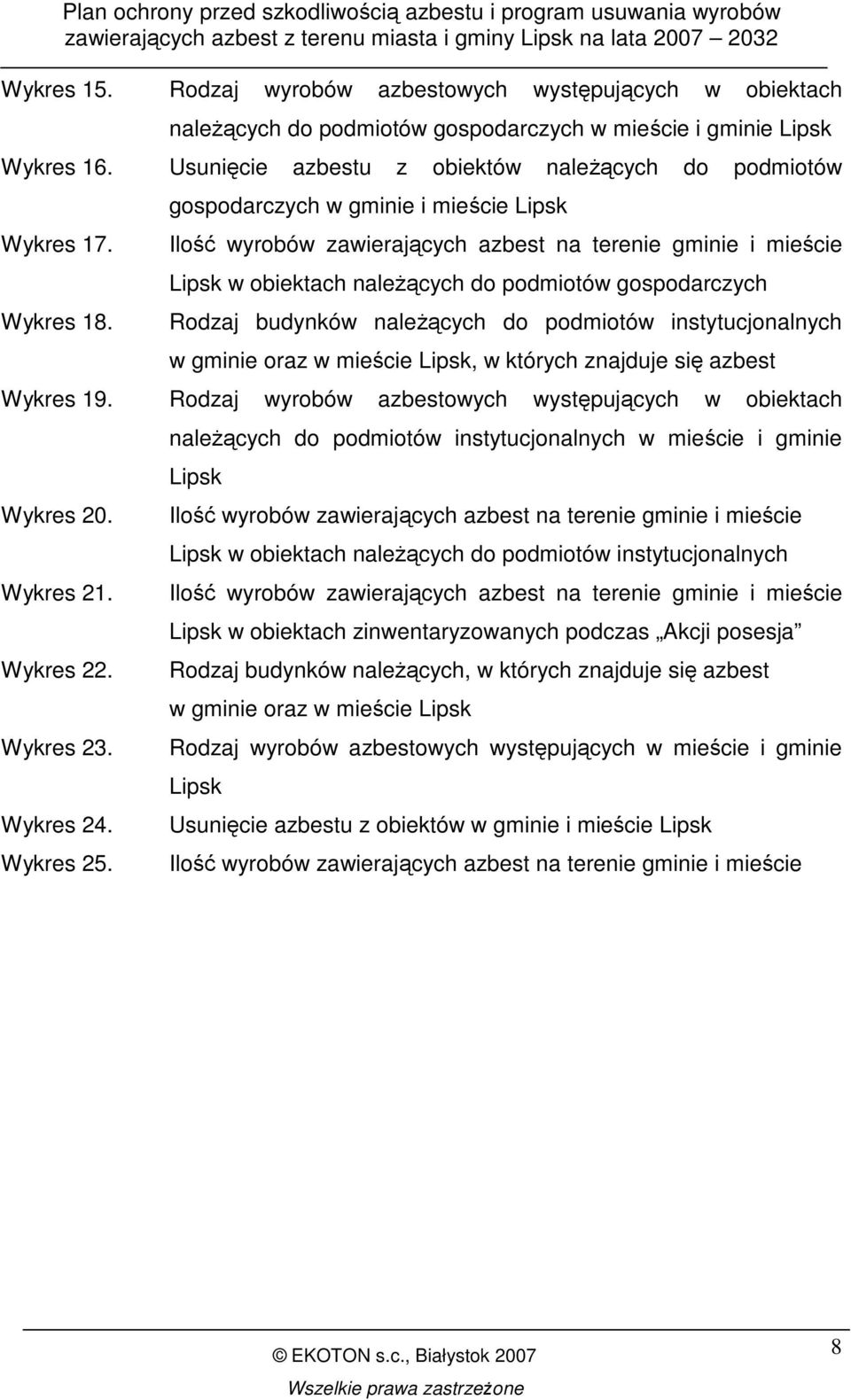 gospodarczych w gminie i mieście Lipsk Ilość wyrobów zawierających azbest na terenie gminie i mieście Lipsk w obiektach naleŝących do podmiotów gospodarczych Rodzaj budynków naleŝących do podmiotów